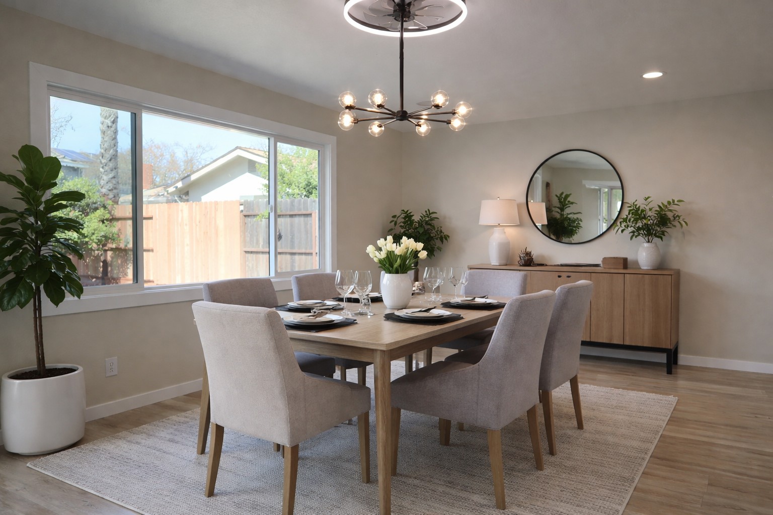 Bright dining room and living space in a residential listing